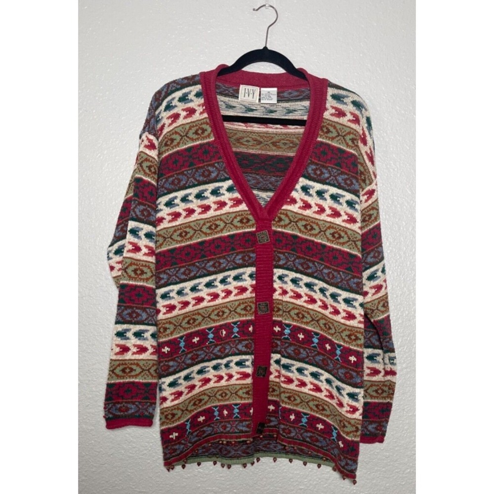 I.V.Y‎ Cardigan Sweater Women's Medium Red Beaded Aztec Southwest Boho Chic